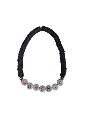 Charcoal Gray Flat Rubber Beads and White Worship Beads Stretch Fashion Bracelet